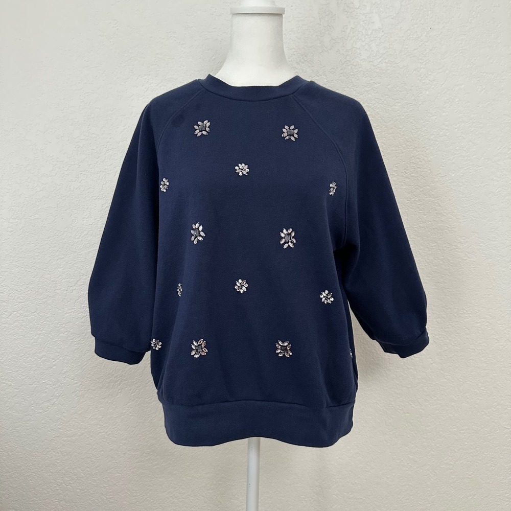 ON-34TH Sweatshirt Crewneck Medium Navy Blue Rhinestone Floral Raglan Pullover